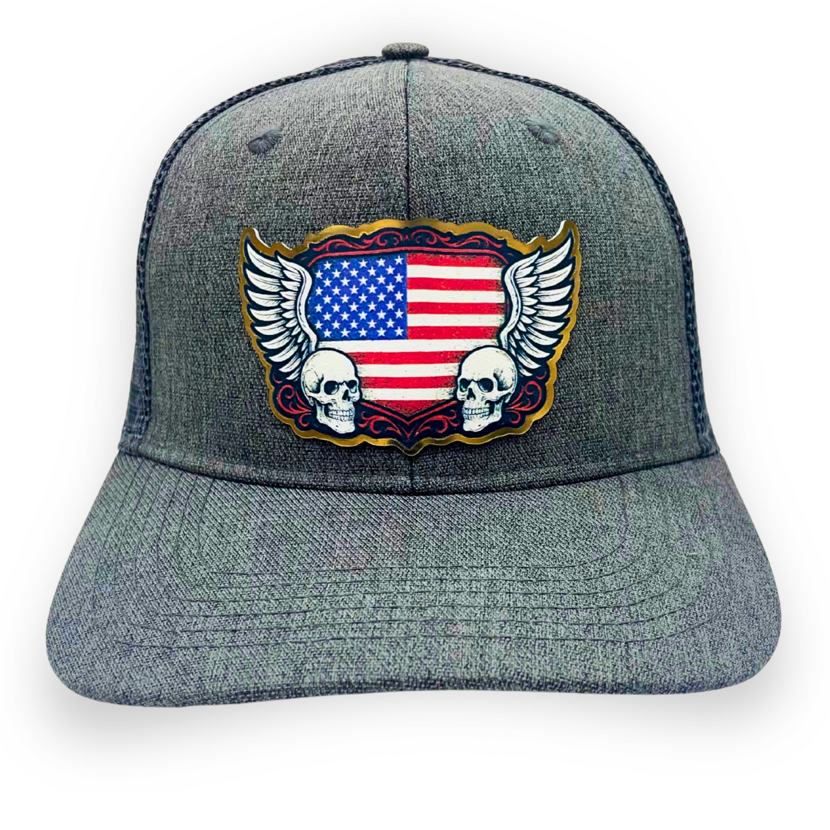 Skull and wings trucker hat with American flag patch and mesh back– unisex Americana style cap from Rustic Pines Outfitters Front View