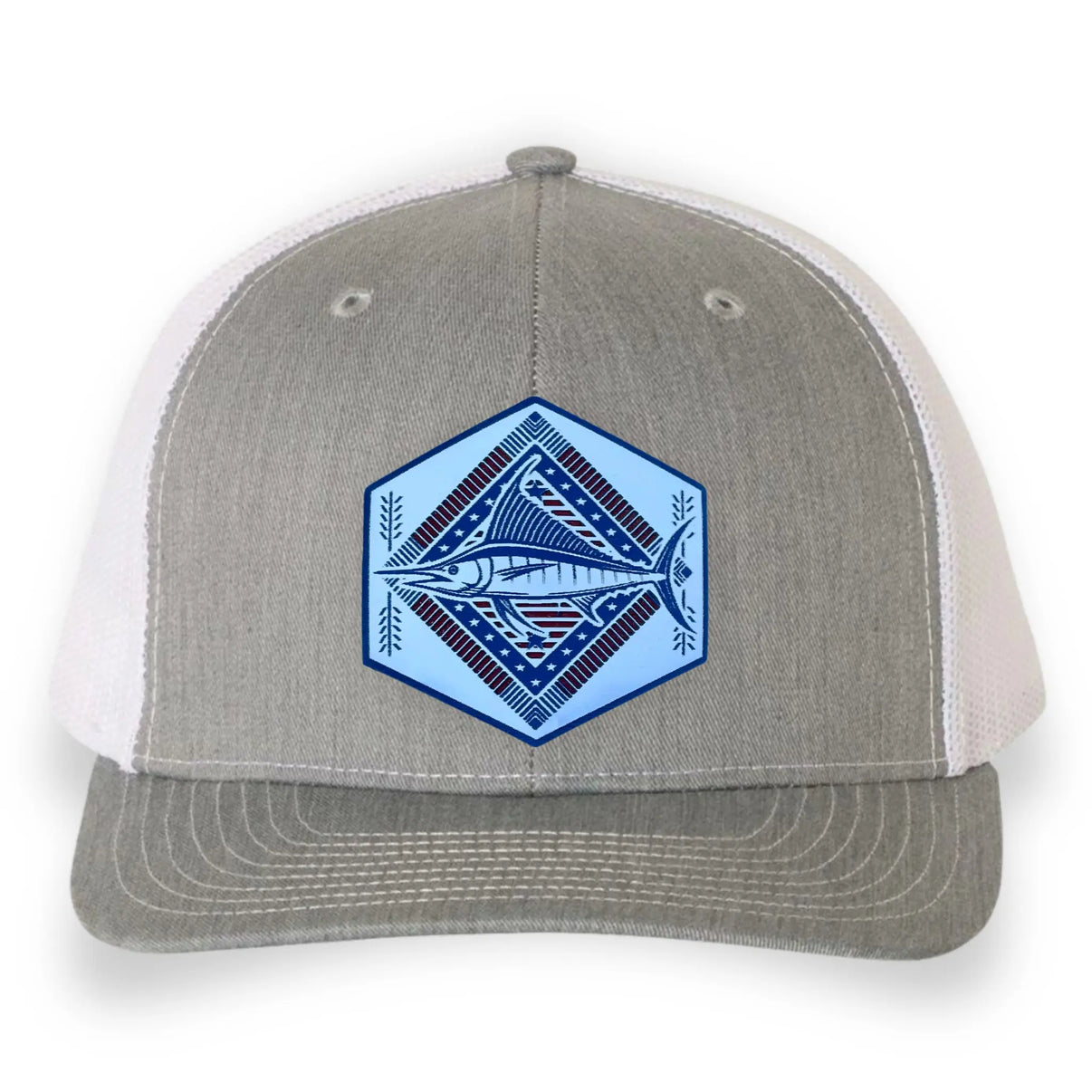 Heather Gray and White trucker hat with a detailed acrylic blue marlin patch on the front. Features a breathable mesh back and an adjustable snapback closure. The curved bill provides shade, making it perfect for fishing, boating, and coastal adventures