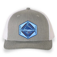 Heather Gray and White trucker hat with a detailed acrylic blue marlin patch on the front. Features a breathable mesh back and an adjustable snapback closure. The curved bill provides shade, making it perfect for fishing, boating, and coastal adventures