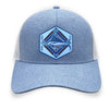 Light blue and white trucker hat with a detailed acrylic blue marlin patch on the front. Features a breathable mesh back and an adjustable snapback closure. The curved bill provides shade, making it perfect for fishing, boating, and coastal adventures