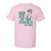 Retro-style graphic t-shirt in Blossom Pink featuring a vintage-inspired woman holding a tequila bottle, printed on the back of a Comfort Colors pocket tee.
