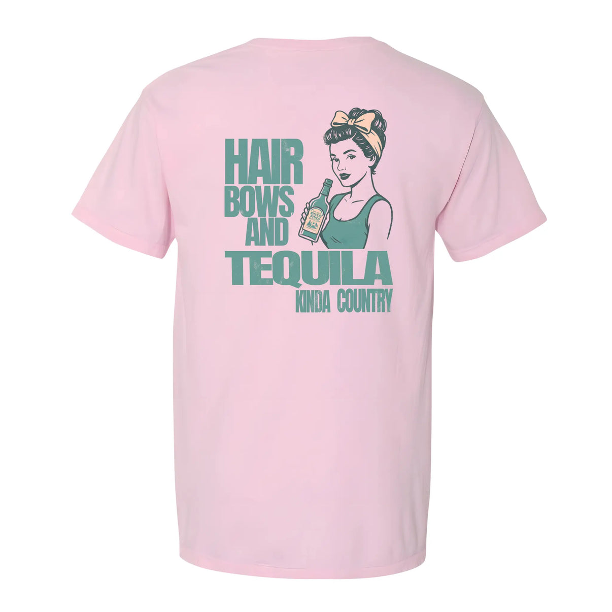 Retro-style graphic t-shirt in Blossom Pink featuring a vintage-inspired woman holding a tequila bottle, printed on the back of a Comfort Colors pocket tee.