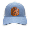 Light Blue Lost Hat Co. Slate hat with Sun’s Out Guts Out leather patch – low-profile dad bod hat for outdoors