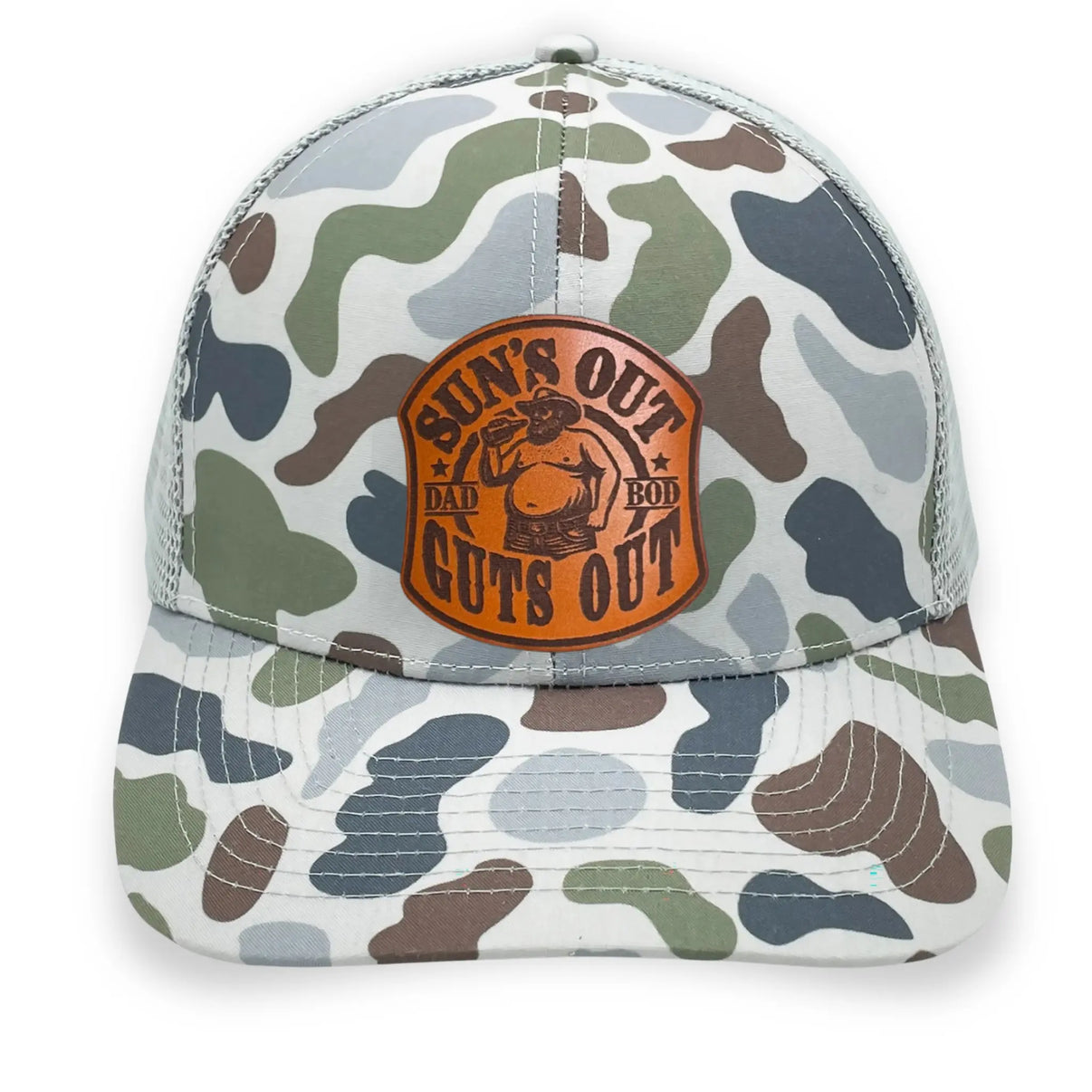 Brackish Lost Hat Co. Slate hat with Sun’s Out Guts Out leather patch – low-profile dad bod hat for outdoors