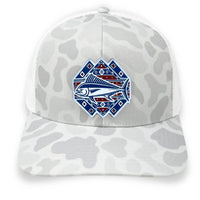 Front view of a sneaux Rustic Pines Outfitters hat that featuring a mahi-mahi in a Santa Fe design style.